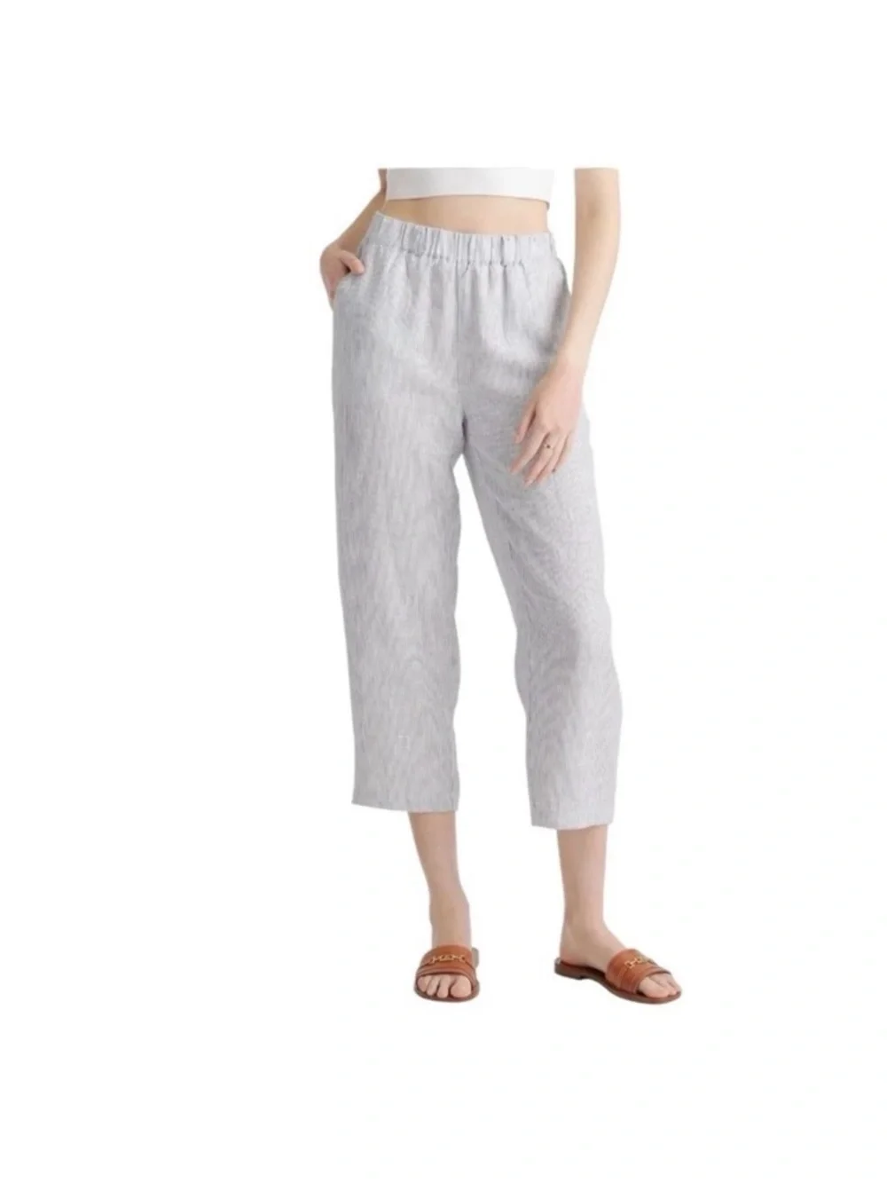Quince 100% European Linen Pants Blue Pinstripe Coastal - Nautical Resort